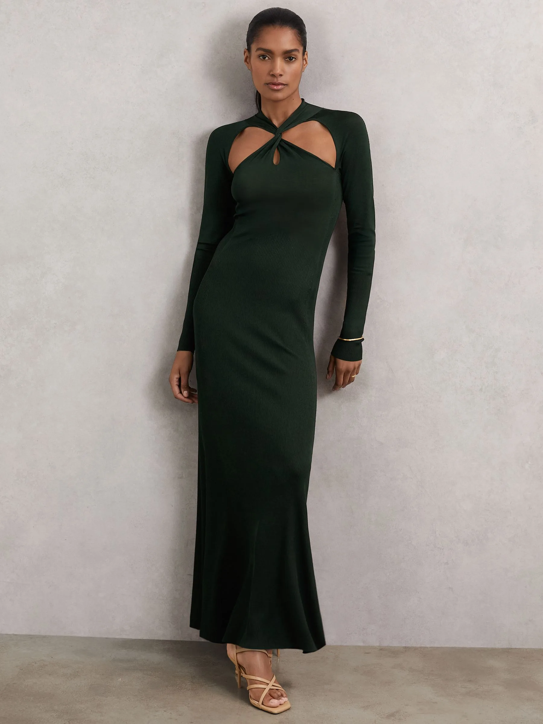 Reiss Petite Cut-out Knitted Dark Green Maxi Dress