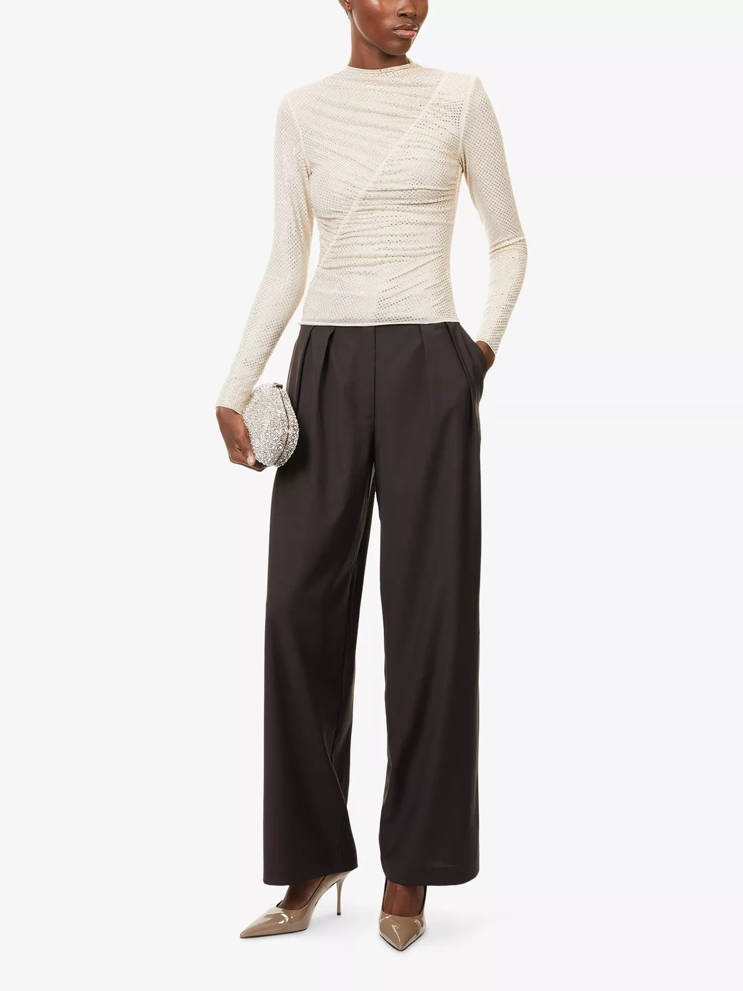 Self-Portrait Rhinestone Embellished Champagne Gathered Mesh Top