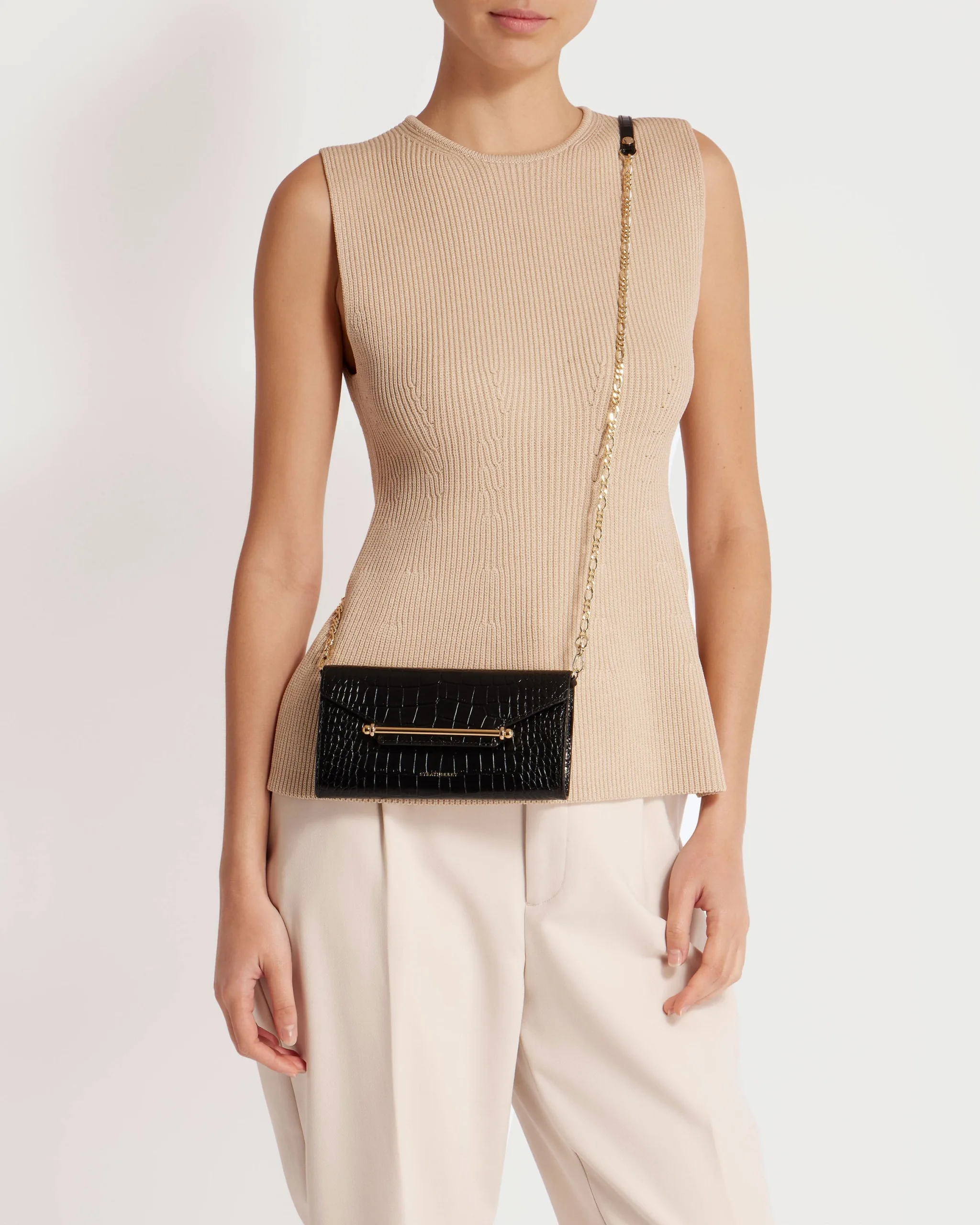 Strathberry Multrees Croc-Embossed Black Leather Chain Wallet