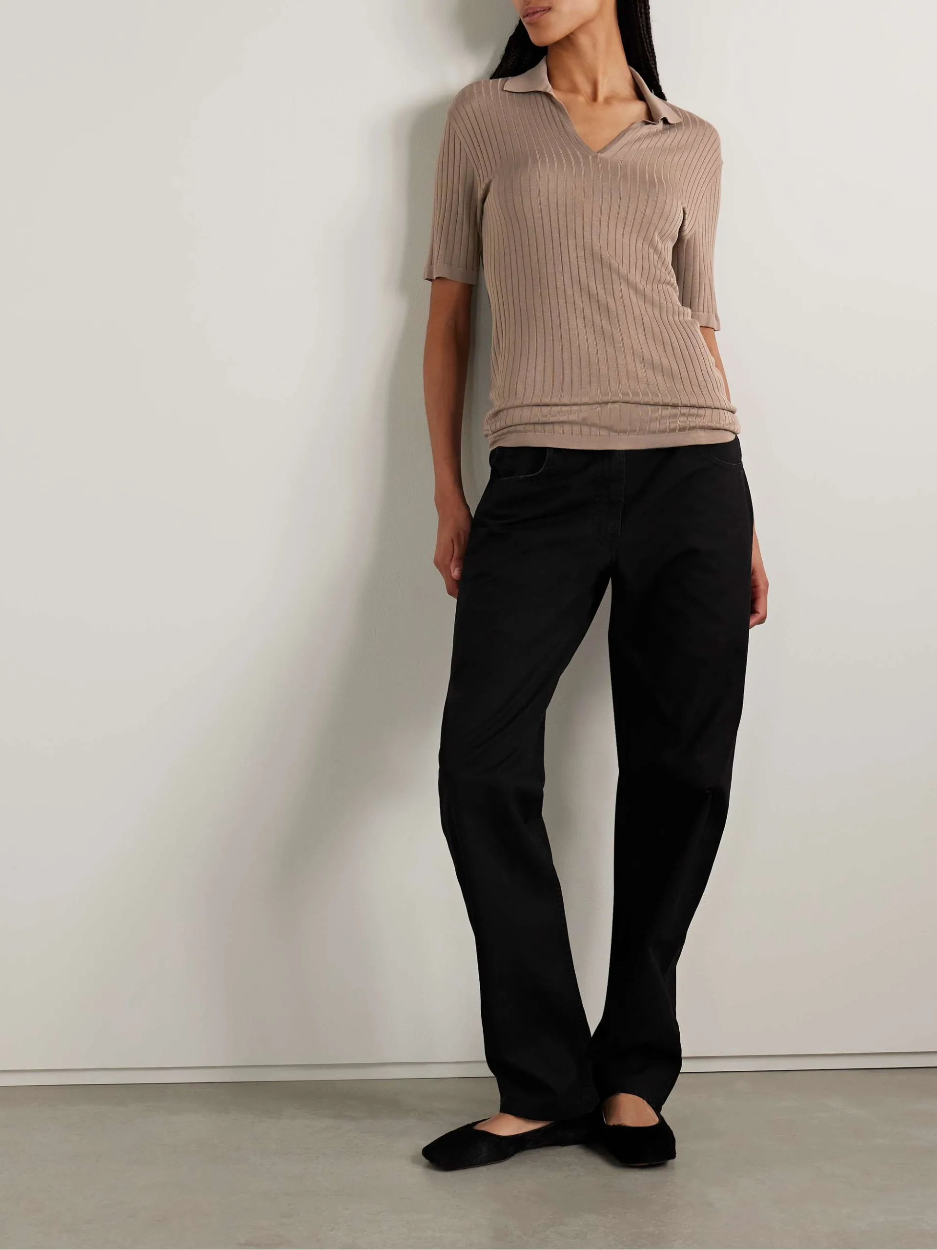 The Row Kaiomi Ribbed-Knit Taupe Polo Top