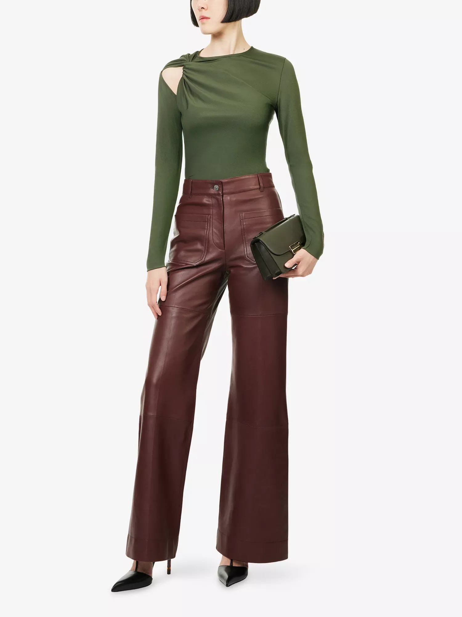 Victoria Beckham Twist Armhole Long Sleeve Oregano Satin Top