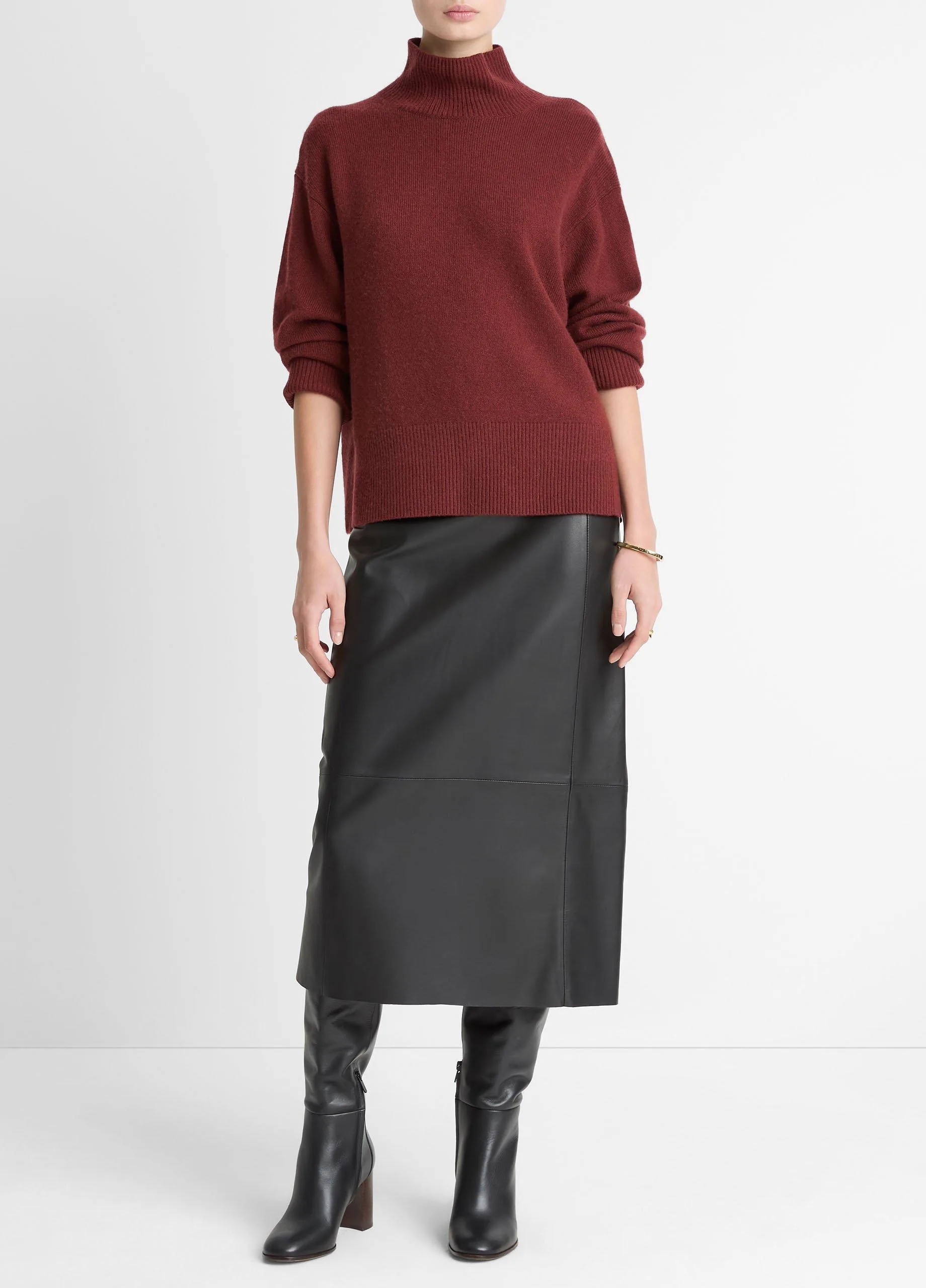 Vince Bordeaux Wool-Cashmere Side-Slit Turtleneck Sweater