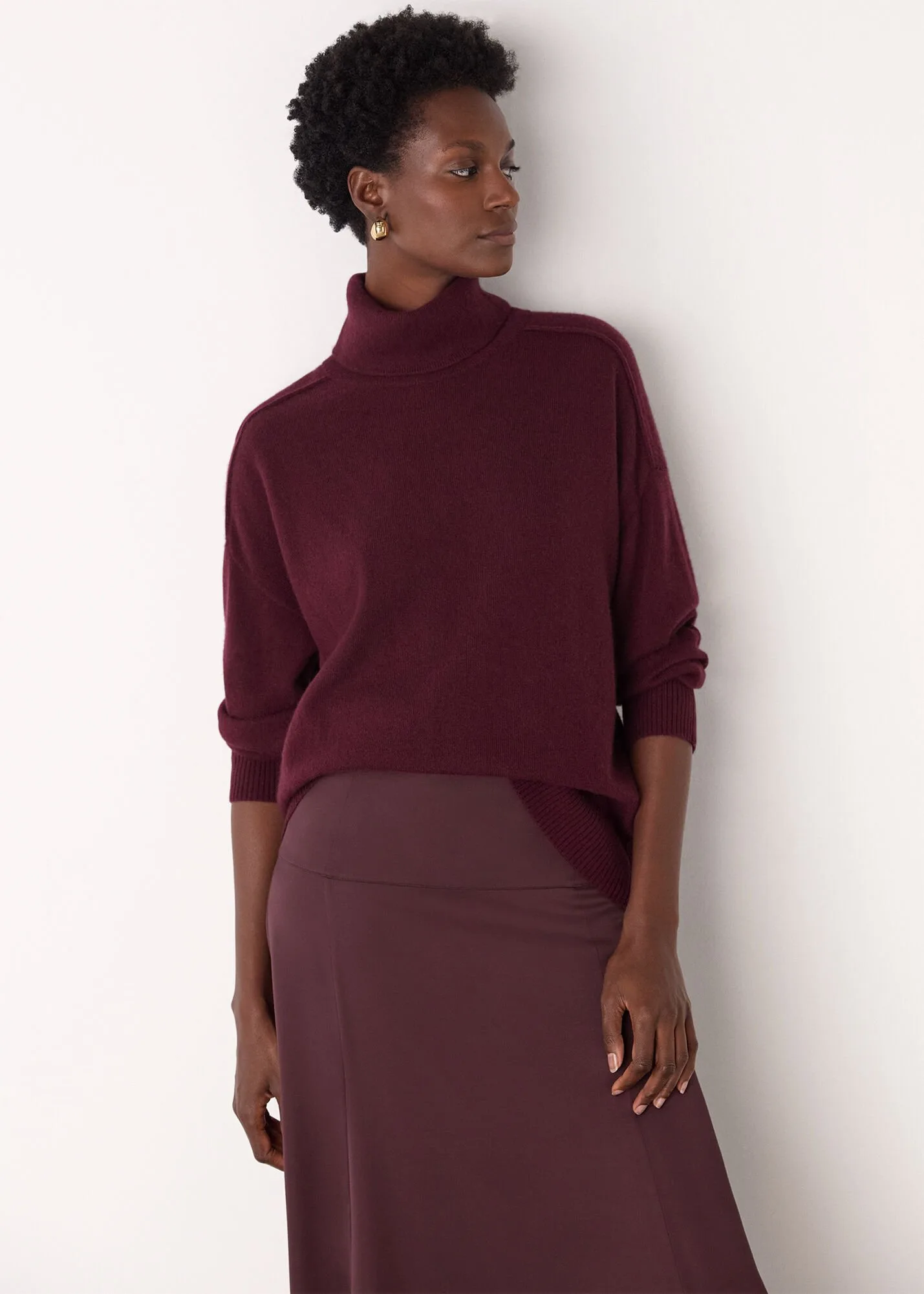 Whistles Burgundy Cashmere Seam Roll Neck Knit