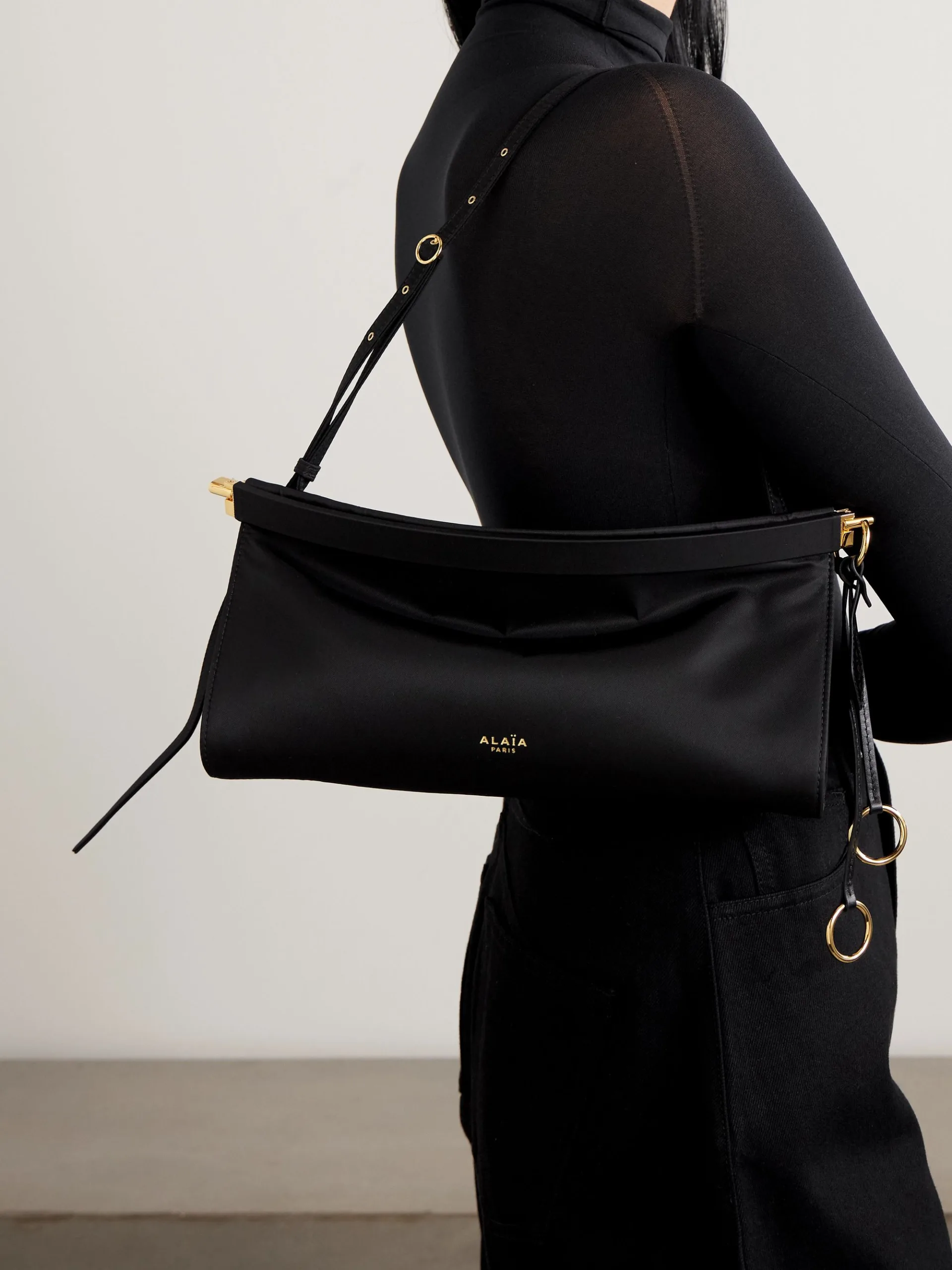 Alaia Le Click East West Medium Black Satin Twill Shoulder Bag