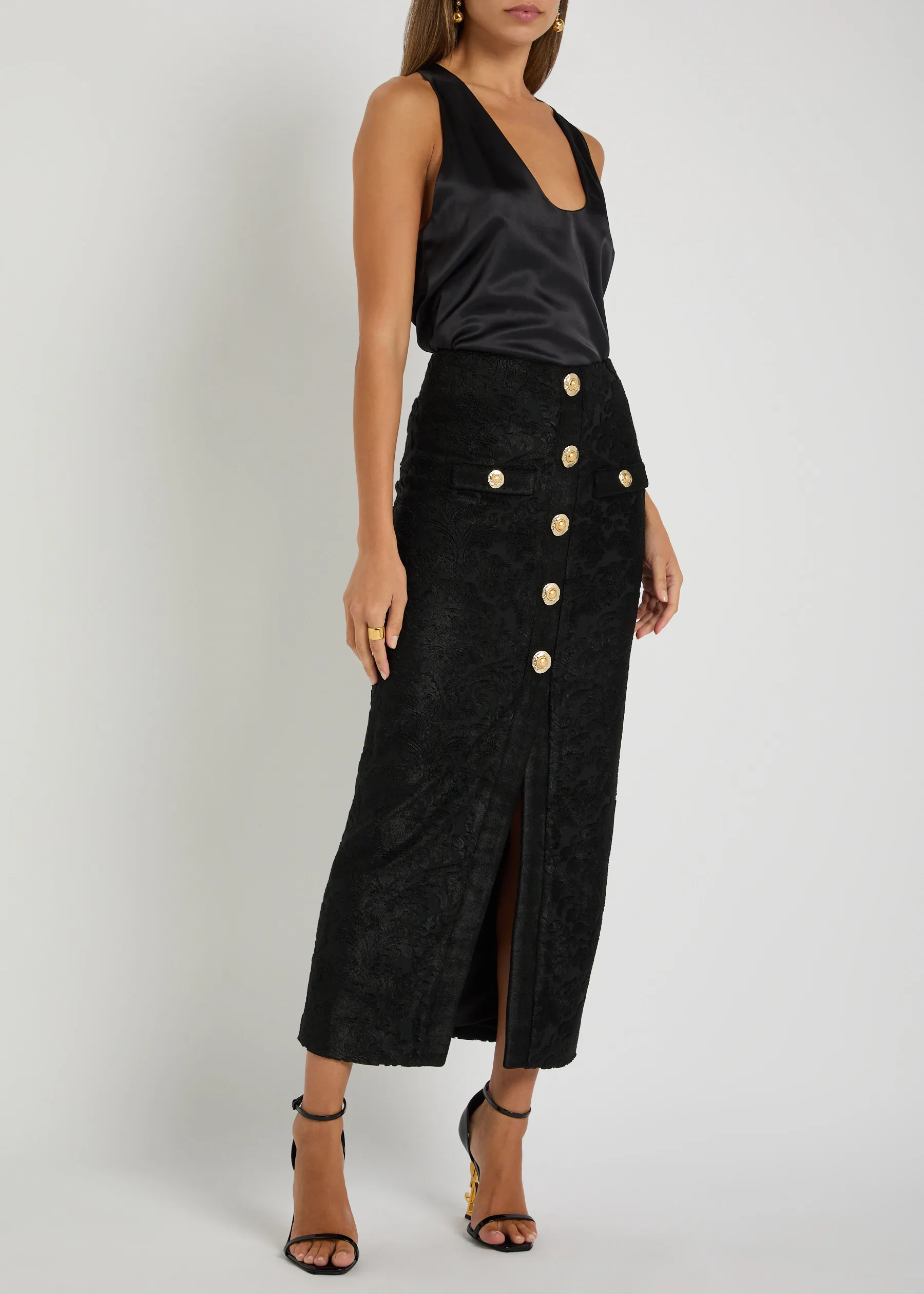 Balmain Embellished Flocked Terry Noir Midi Skirt