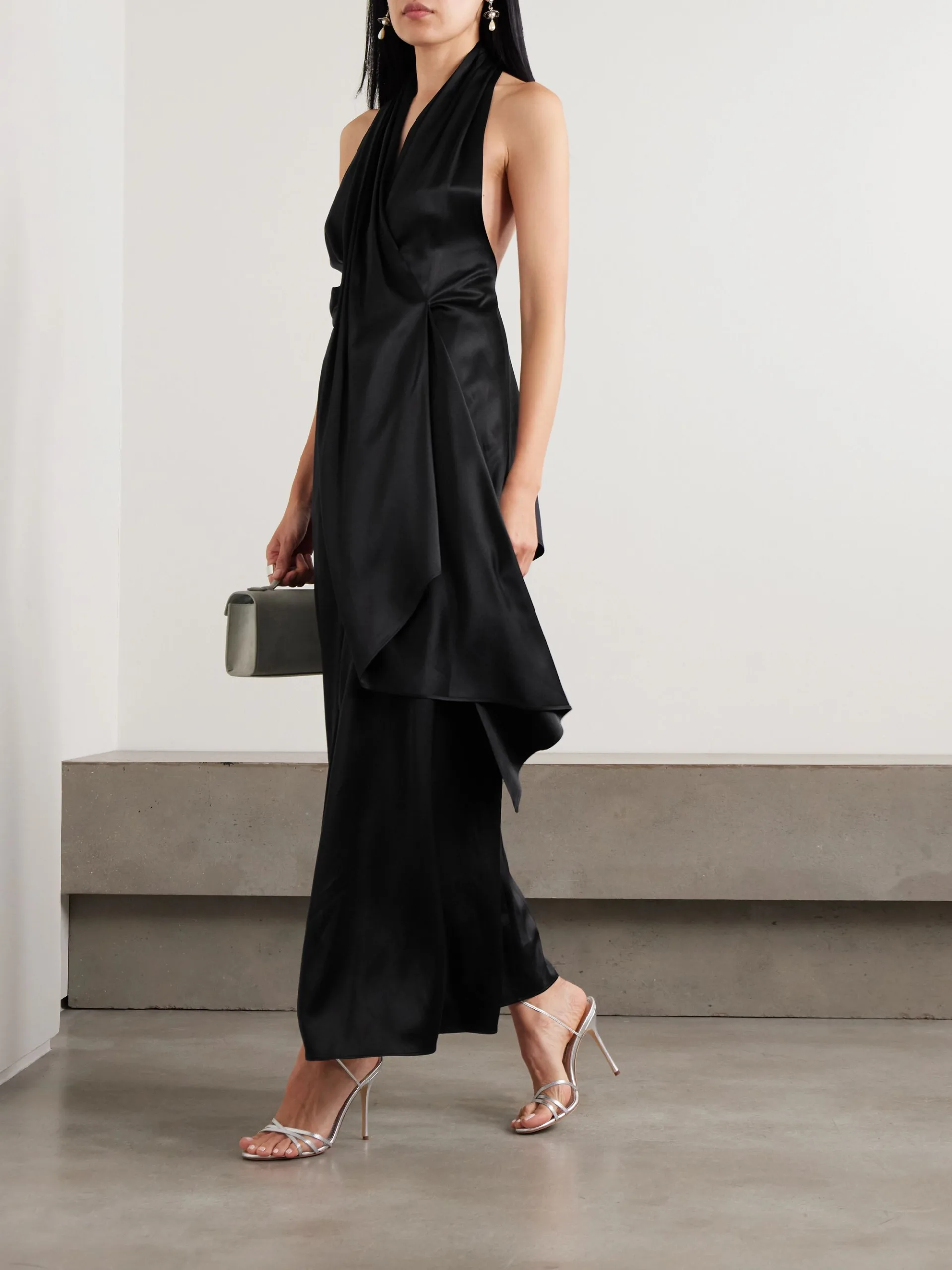 Heirlome Barbara Paneled Halterneck Black Silk Satin Maxi Dress