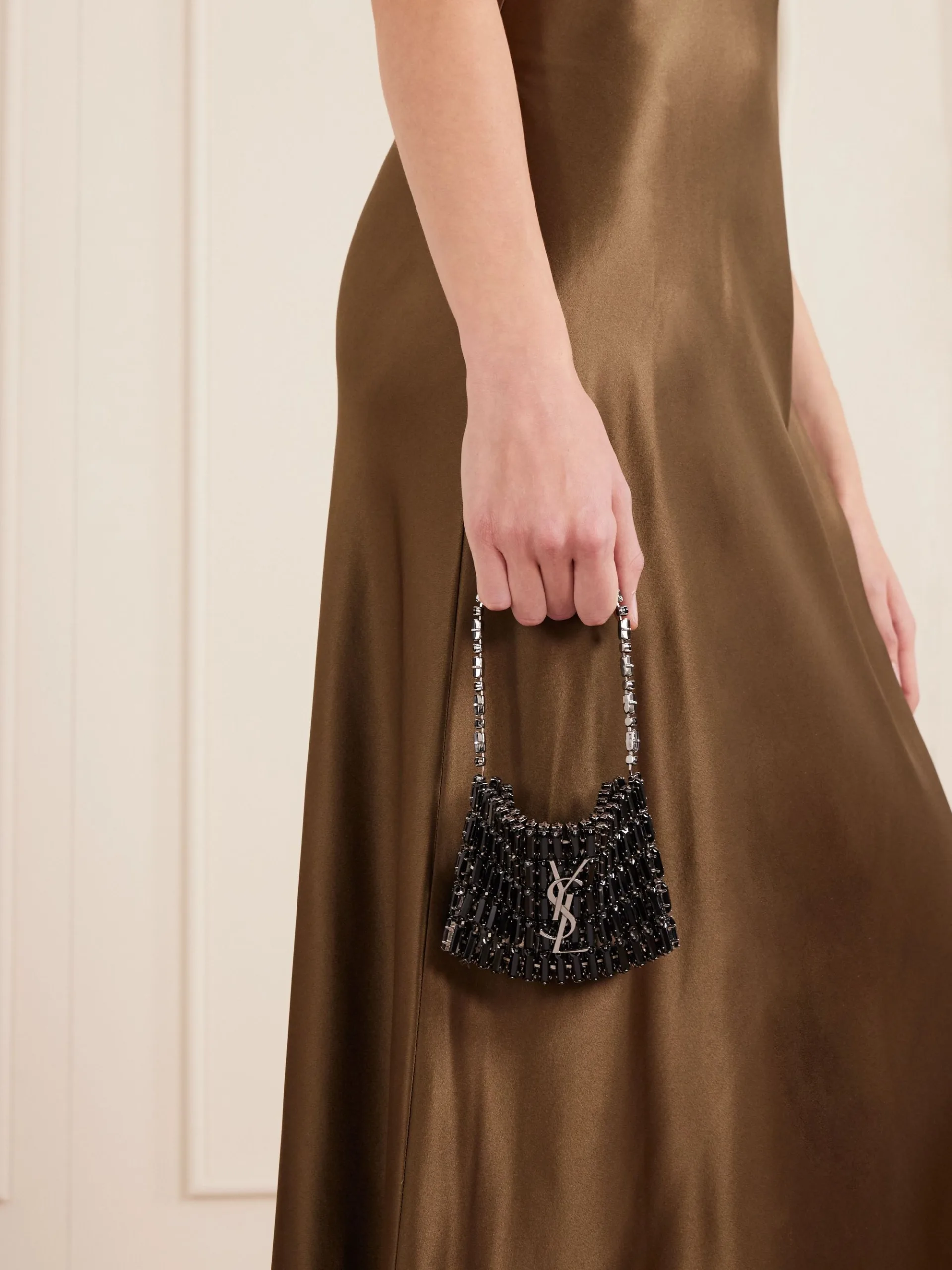 Saint Laurent Silver Tone Black Crystal Shoulder Bag