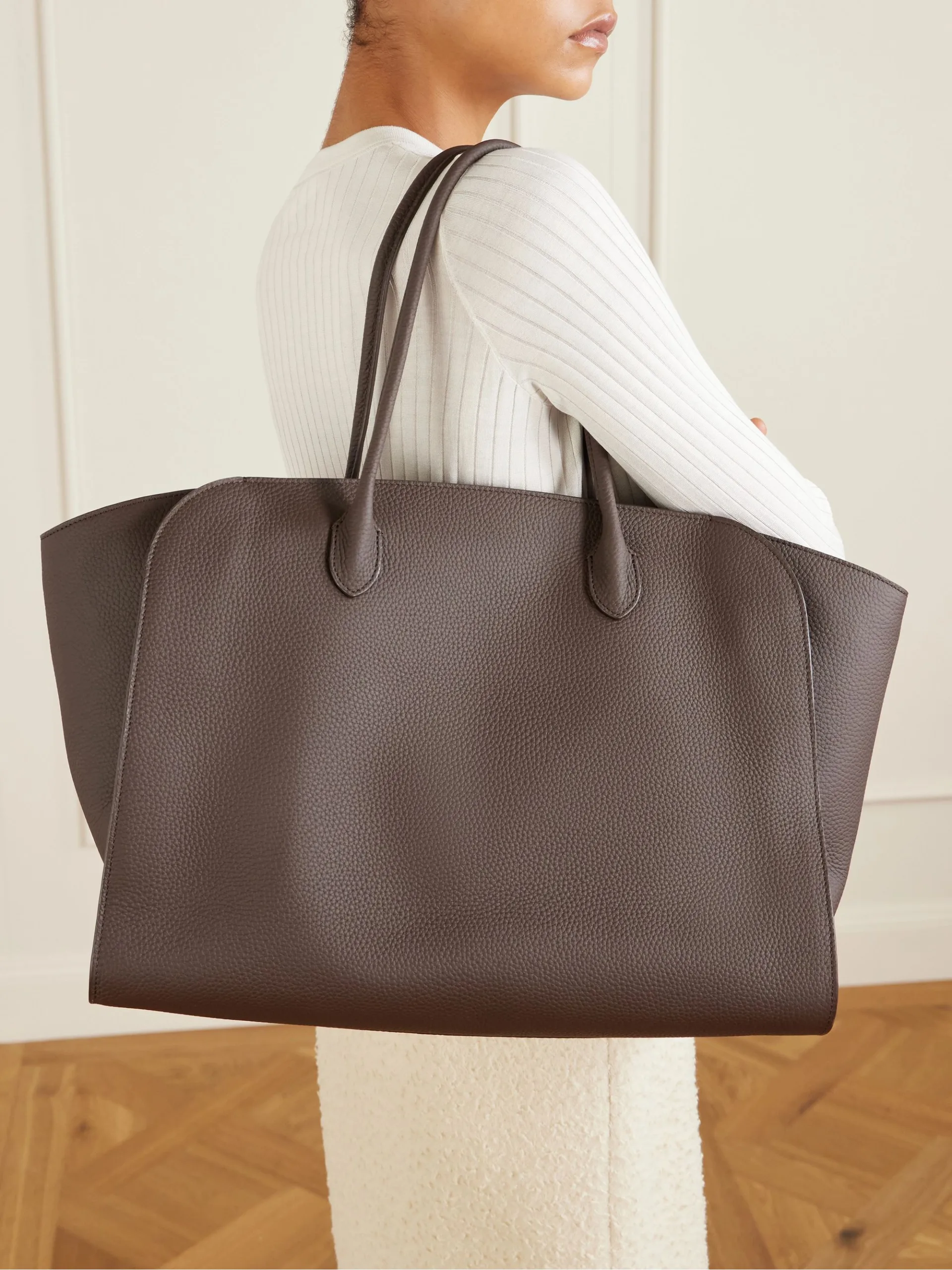 The Row Marlo 17 Dark Brown Textured-Leather Tote