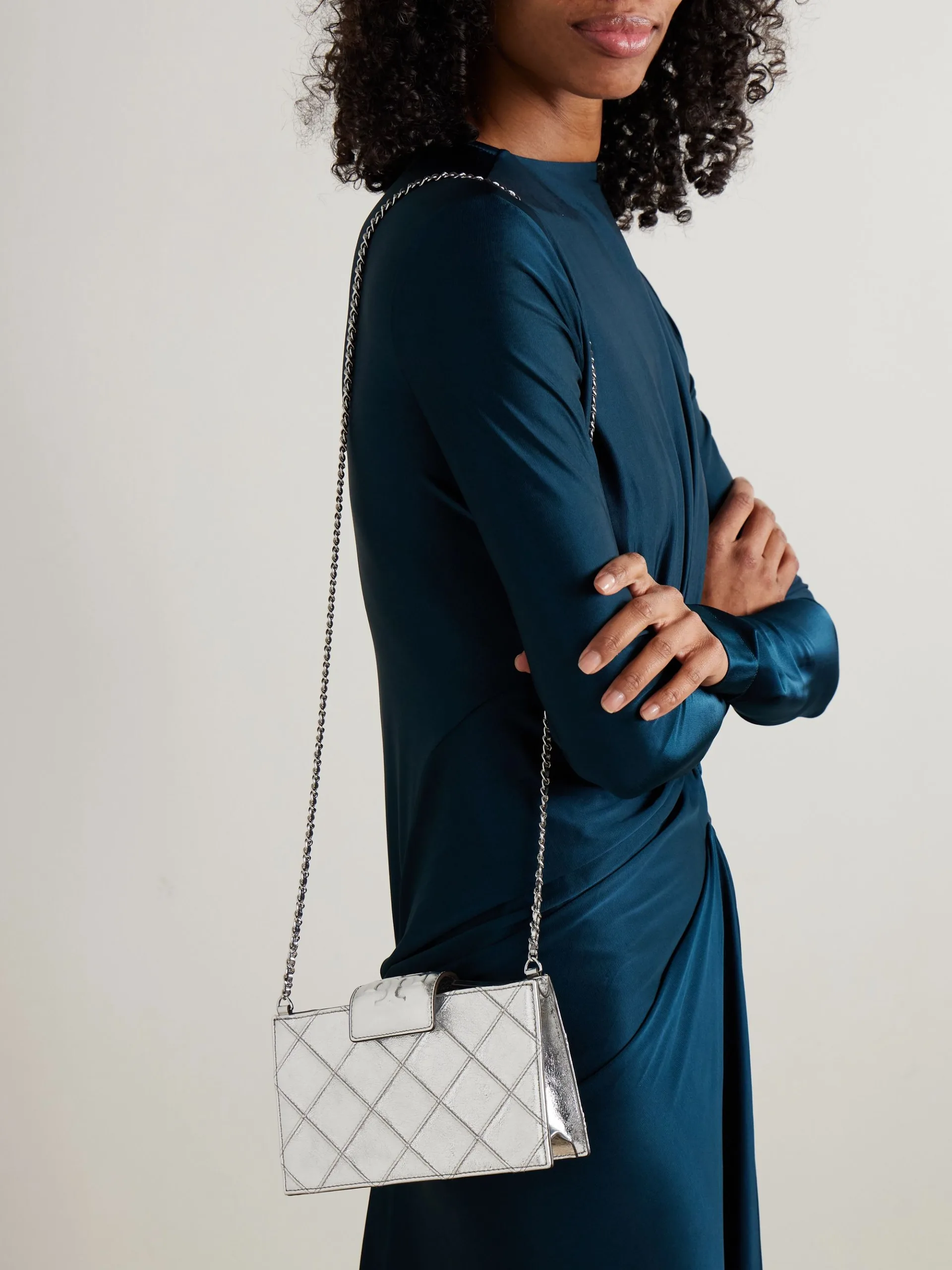 Tory Burch Fleming Mini Quilted Metallic Silver Leather Shoulder Bag