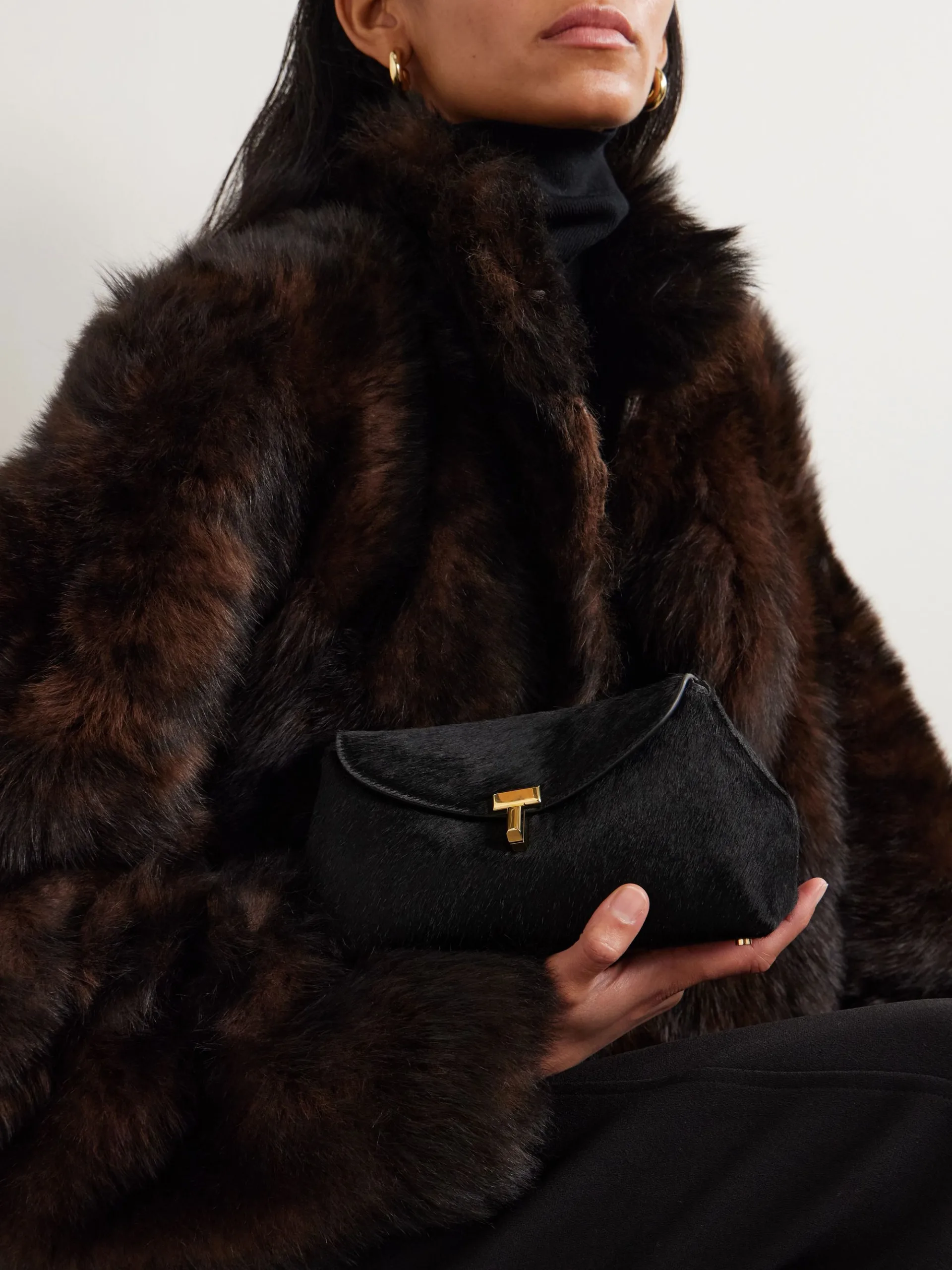 Toteme T-Lock Mini Black Calf Hair Clutch