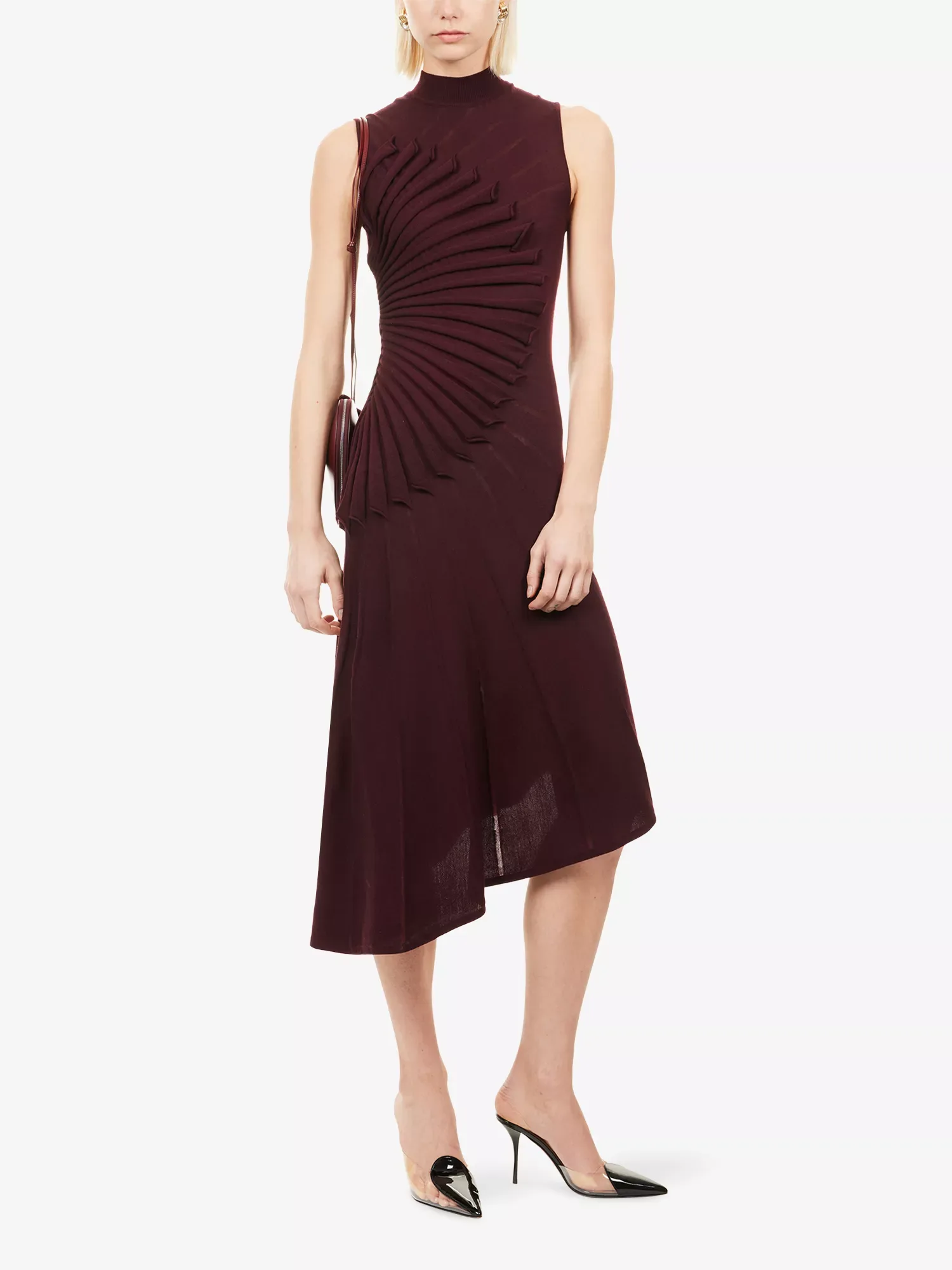 Alaïa Sculpting Asymmetric Burgundy Wool Midi Dress