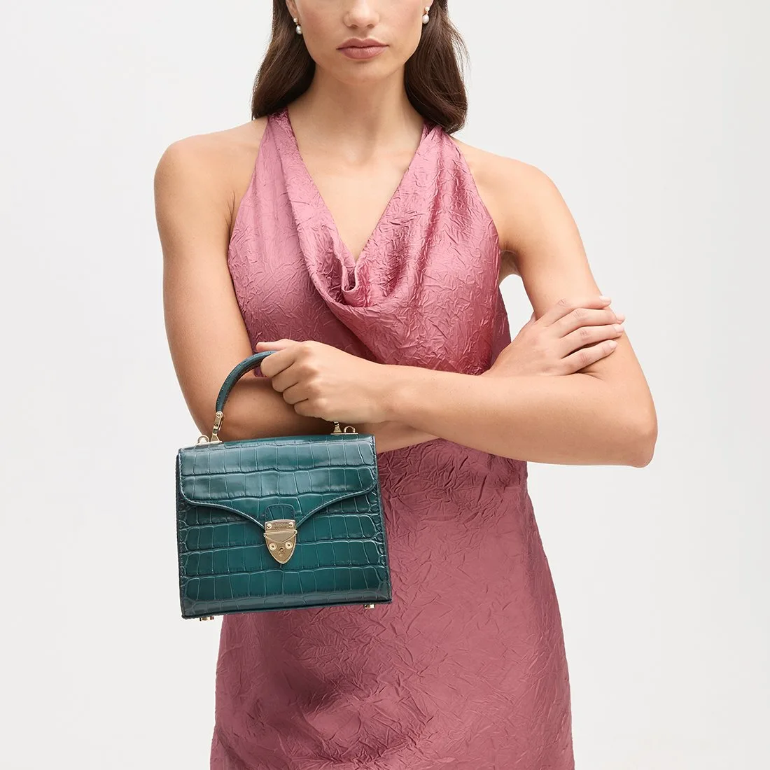 Aspinal Midi Mayfair Deep Shine Peacock Ombre Small Croc Top Handle Bag