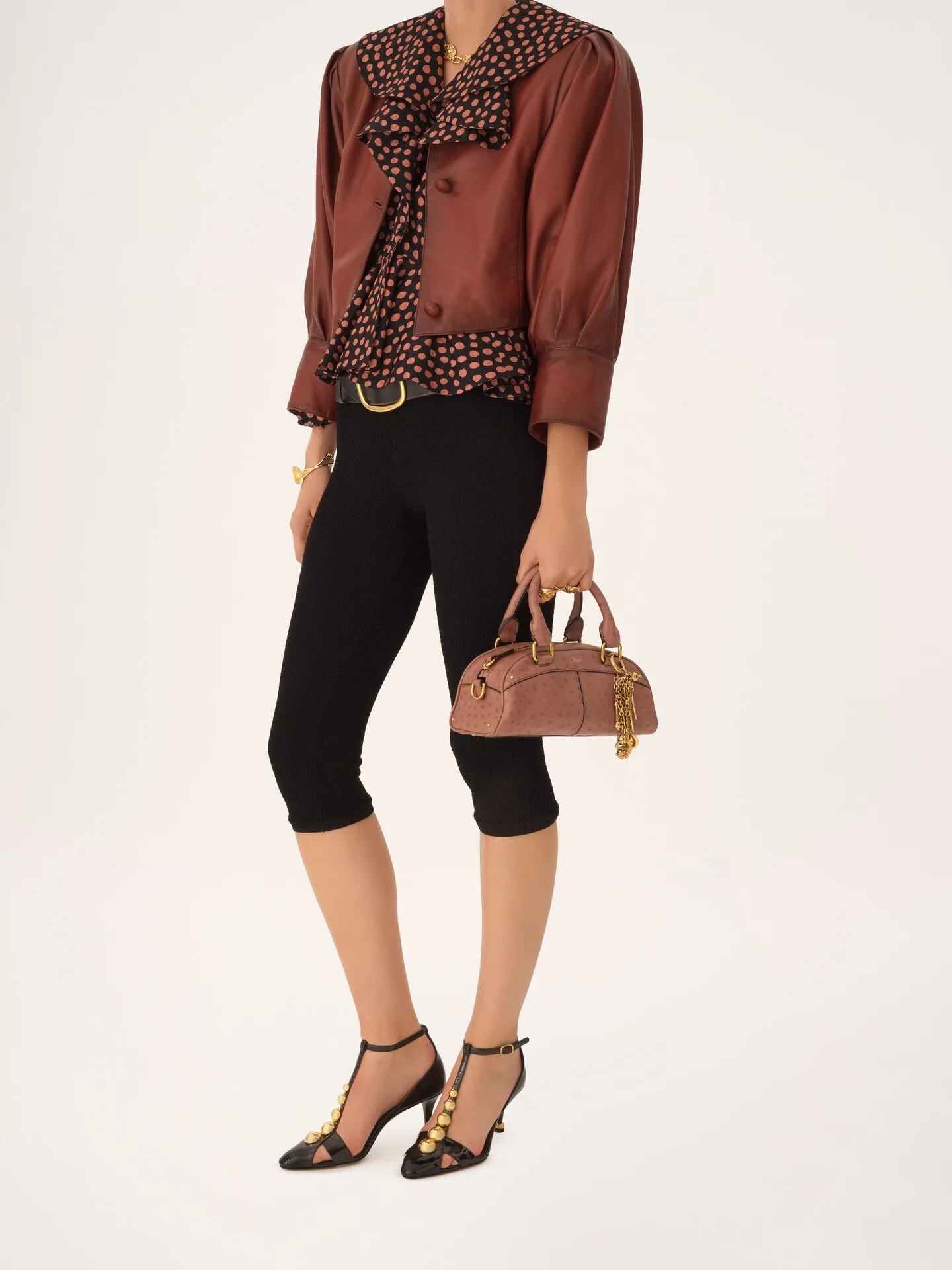 Chloé Small Chloé Ostrich Effect Nougat Leather Top Handle Bowling Bag