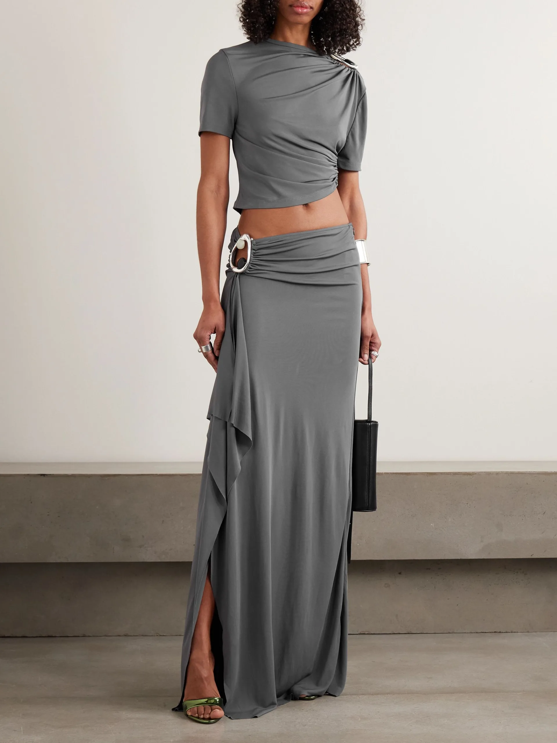 Christopher Esber Orica Asymmetric Embellished Ruched Draped Jersey Grey Maxi Skirt