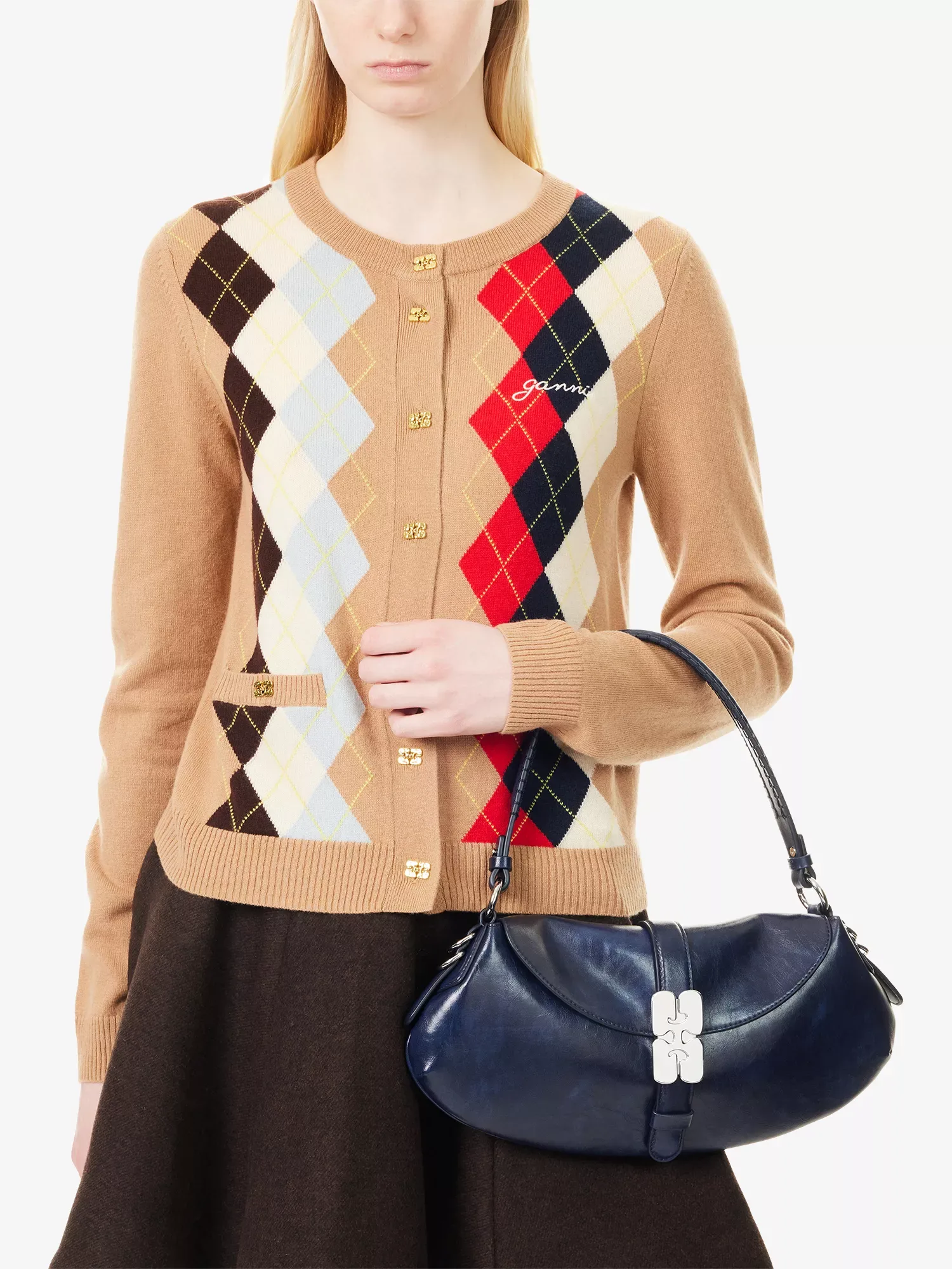 Ganni Kat Baguette Naval Academy Leather Shoulder Bag