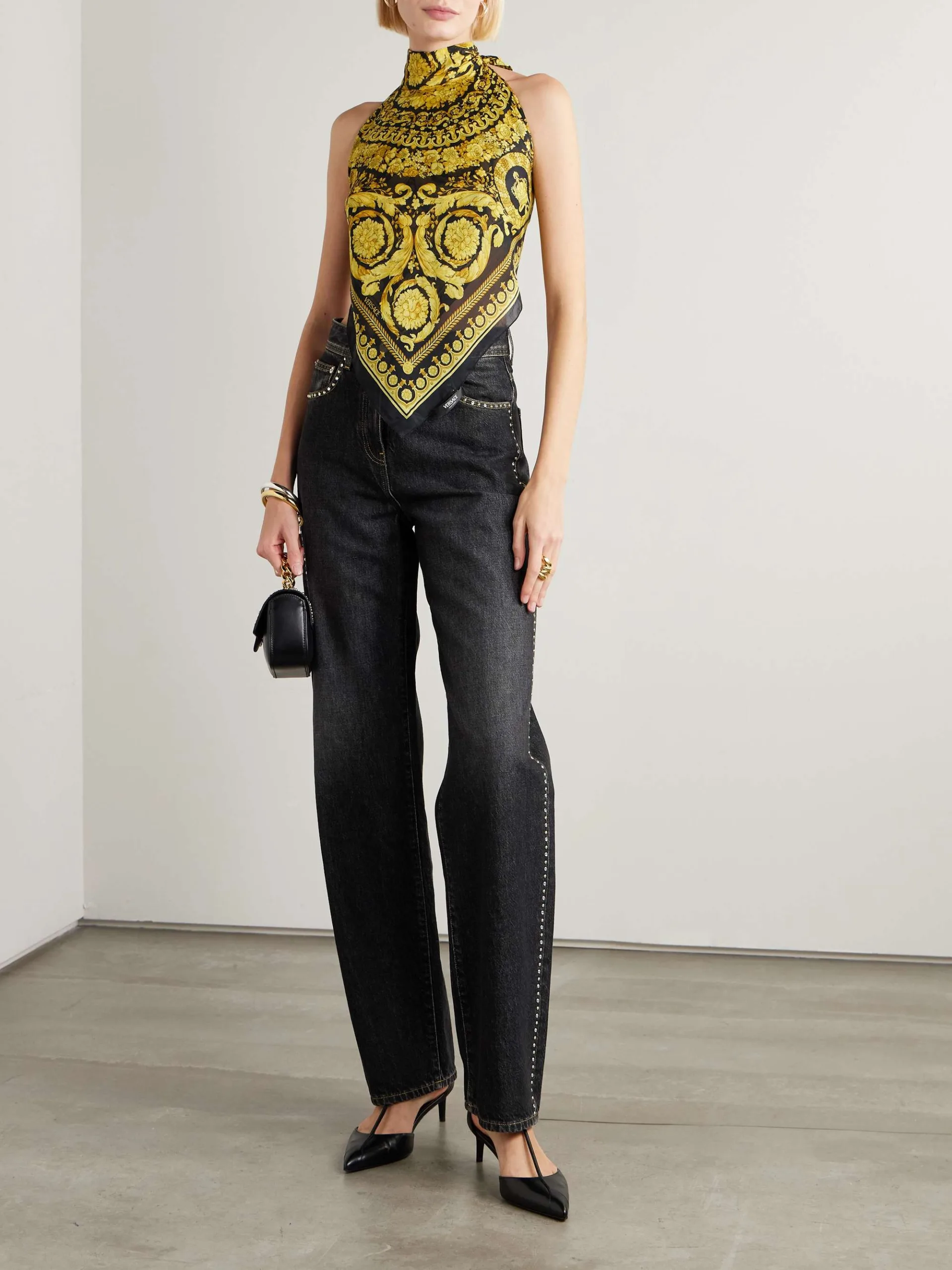 Versace Embellished High Rise Straight Leg Black Jeans