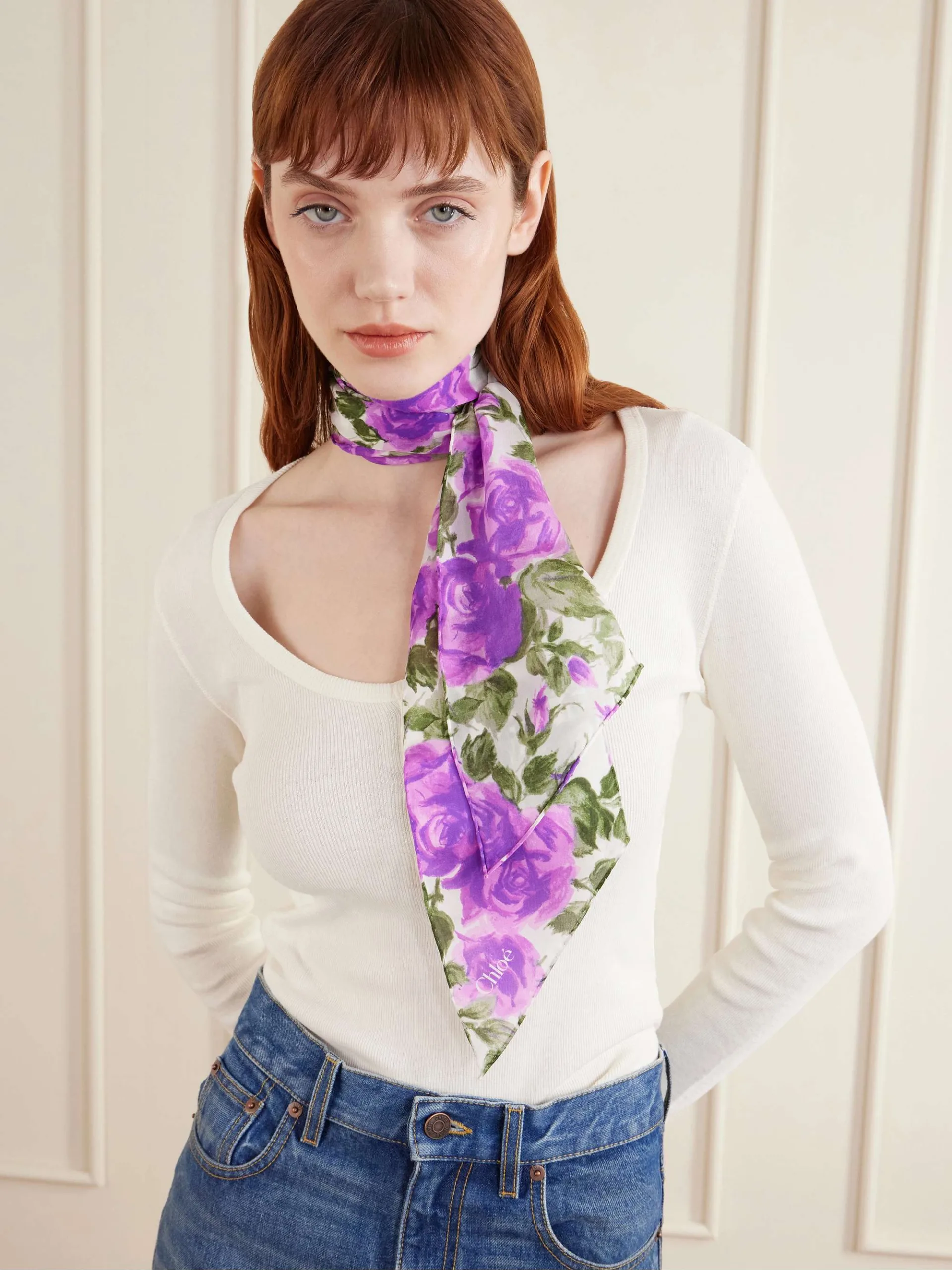Chloé Floral Print Purple Silk Georgette Scarf