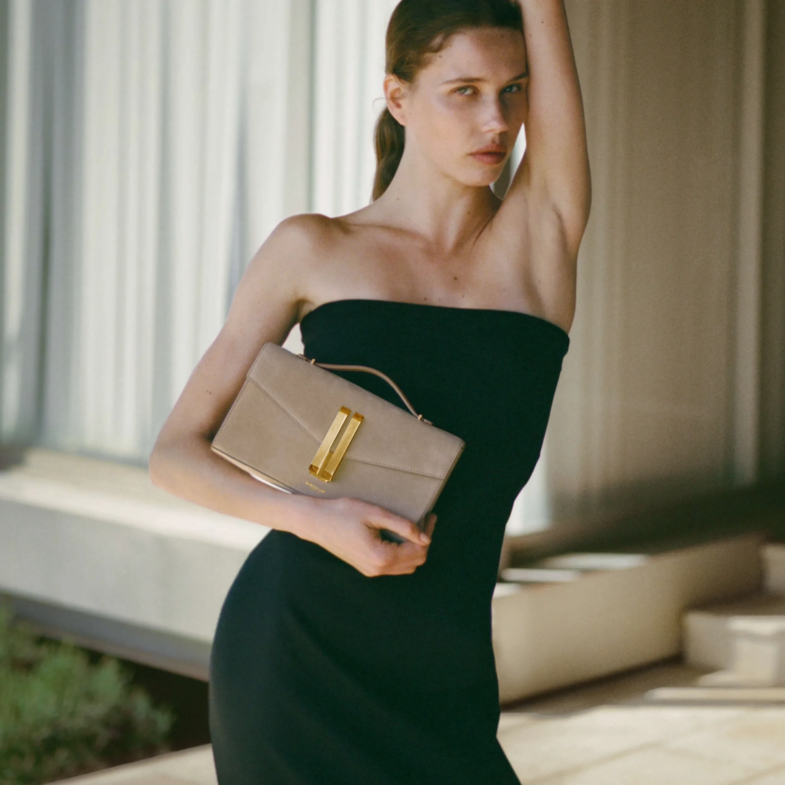 DeMellier The Vancouver Light Taupe Suede Clutch