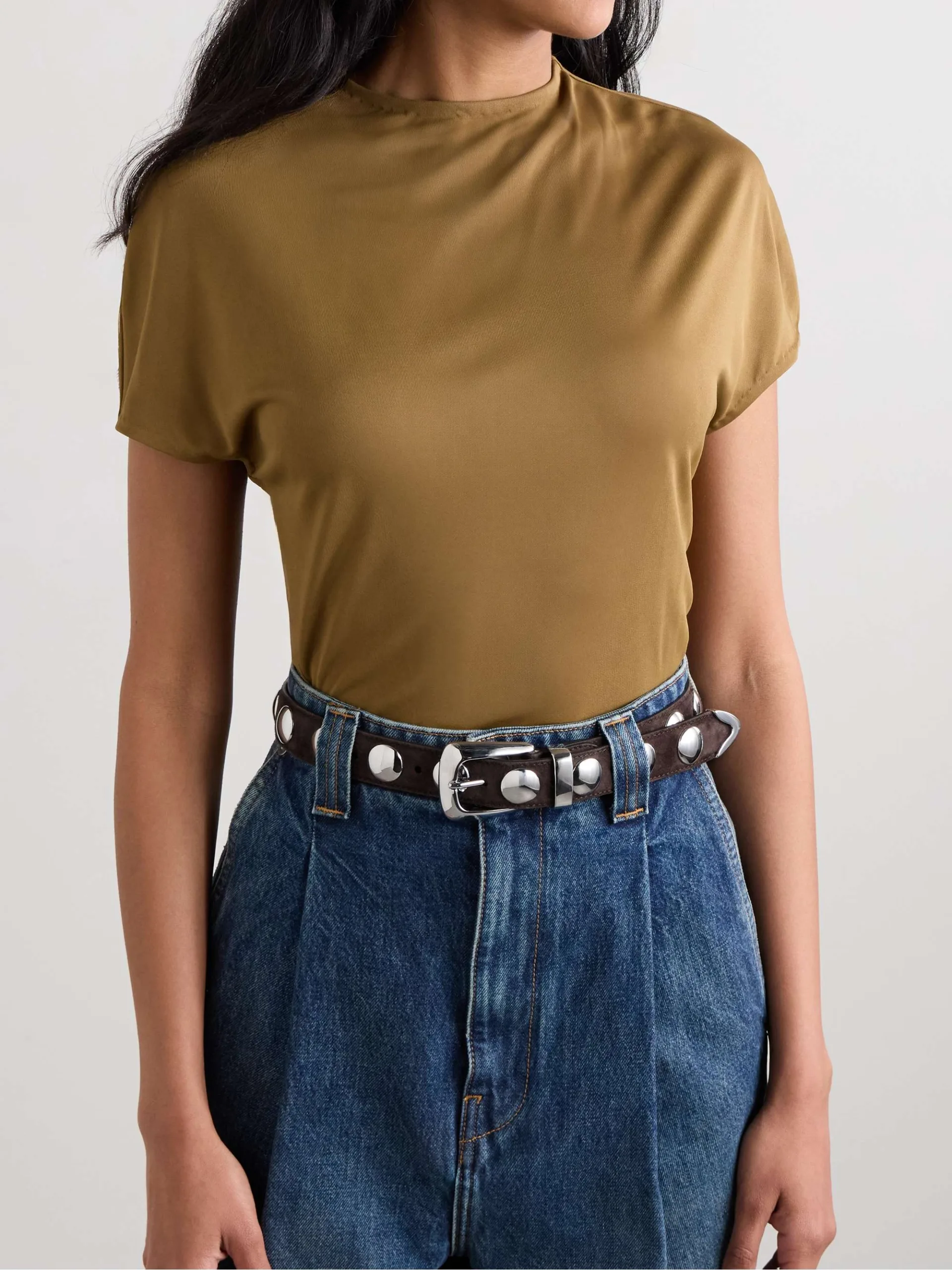 Khaite Benny Studded Brown Suede Belt