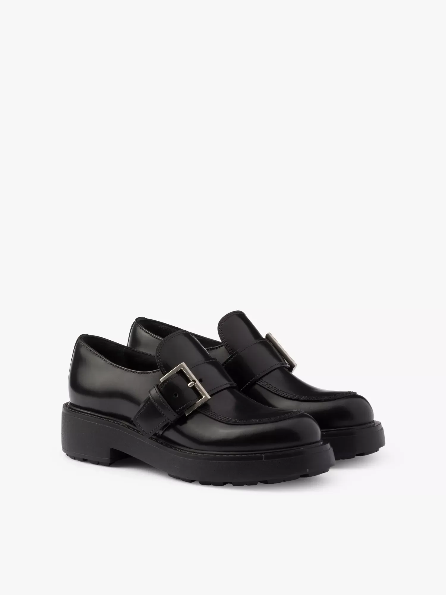 Prada Branded Buckle Brushed Black Leather Loafers
