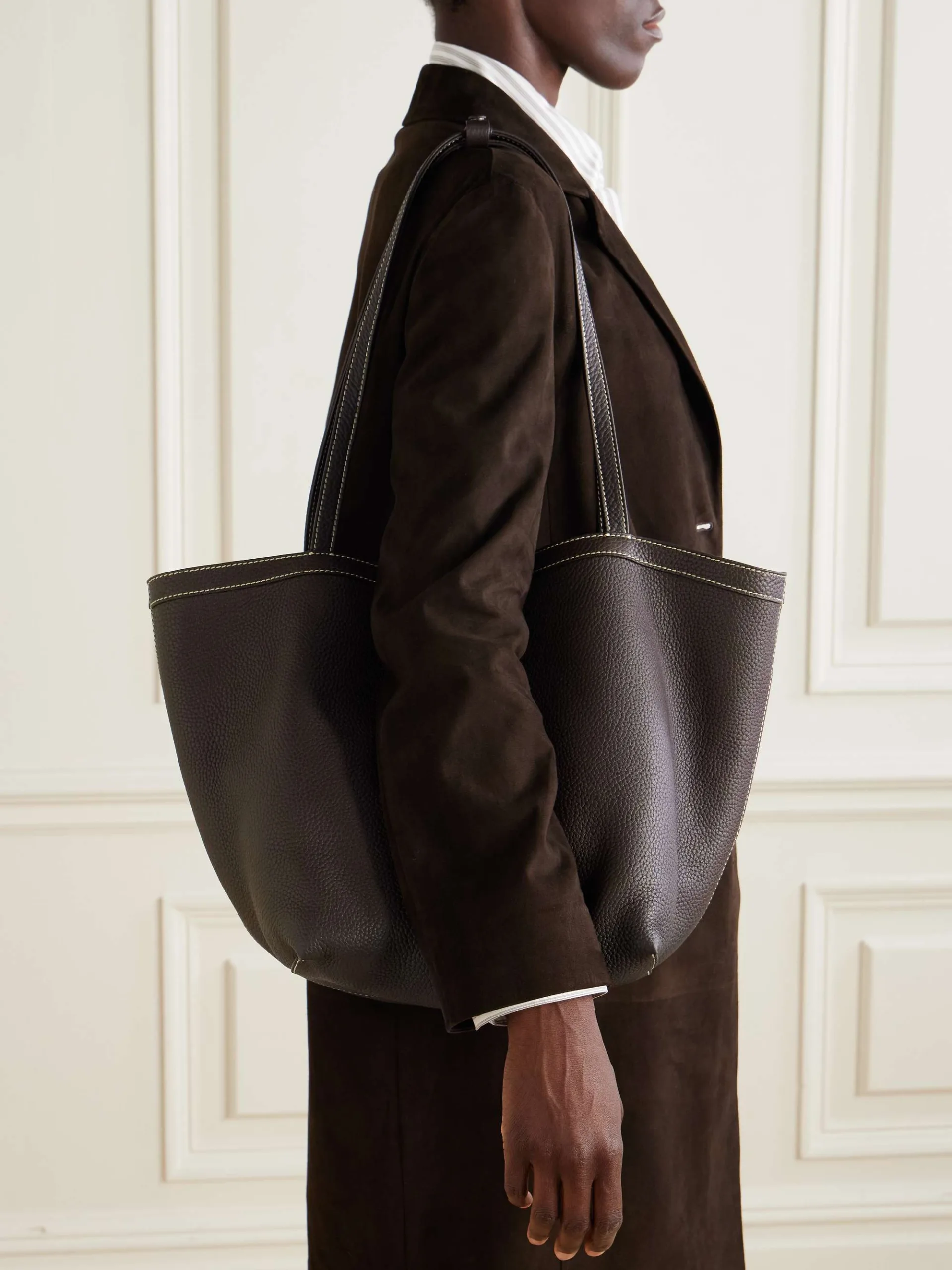 The Row Park Small Textured Dark Brown Leather Tote