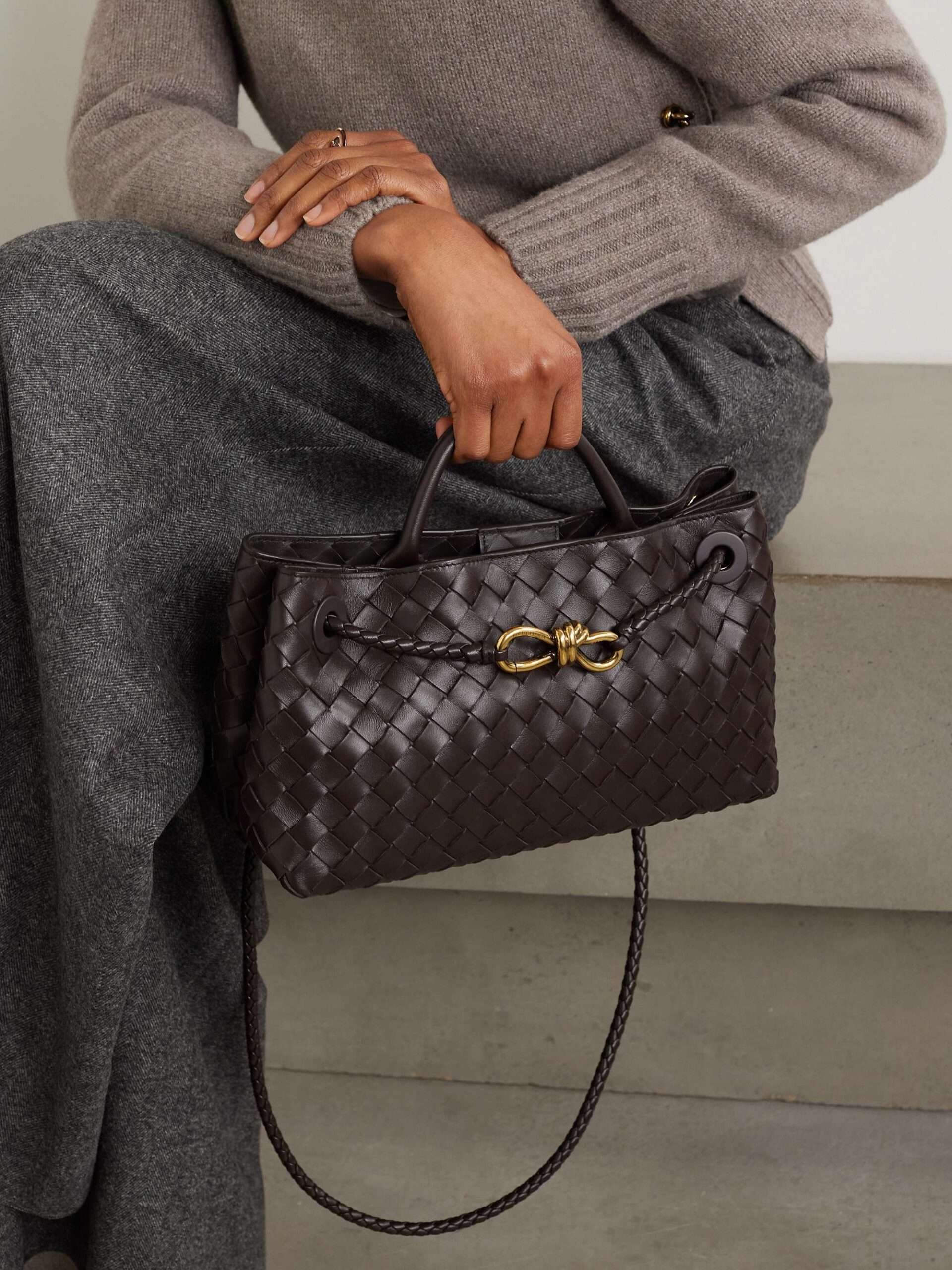 Bottega Veneta Andiamo East West Small Intrecciato Dark Brown Leather Tote