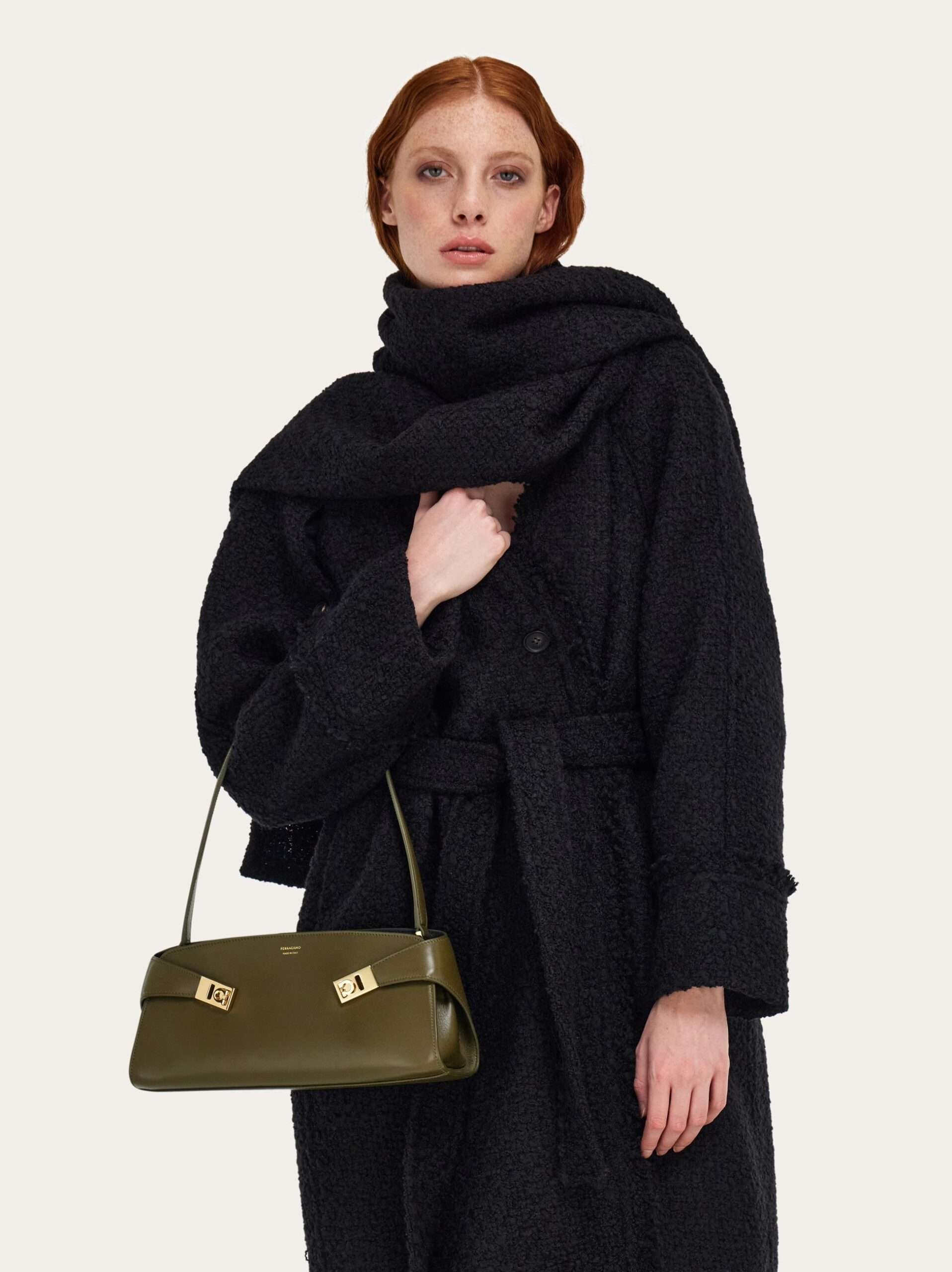 Ferragamo East West Hug Olive Green Calfskin Shoulder Bag