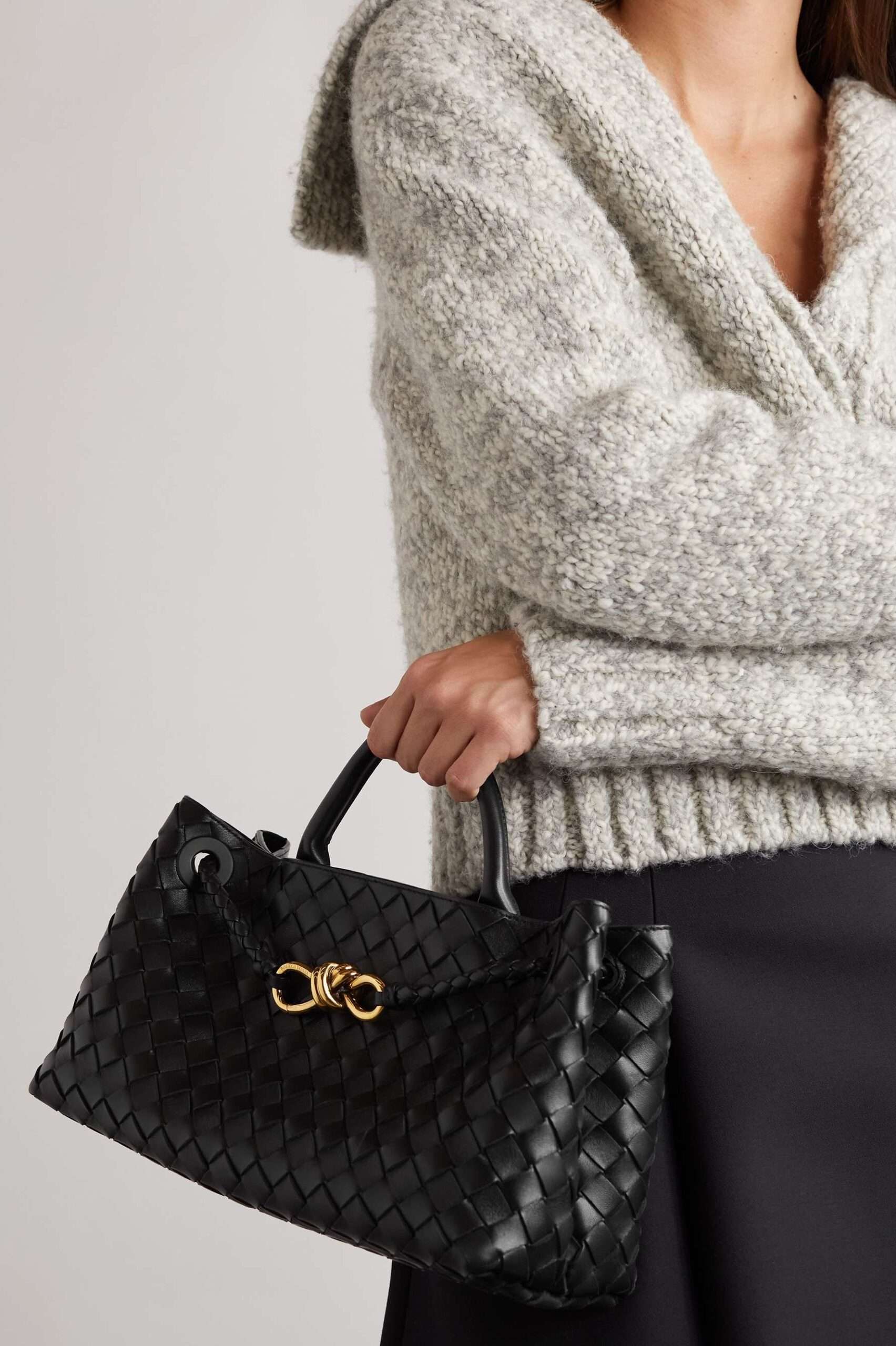 Bottega Veneta Andiamo East West Small Black Intrecciato Leather Tote