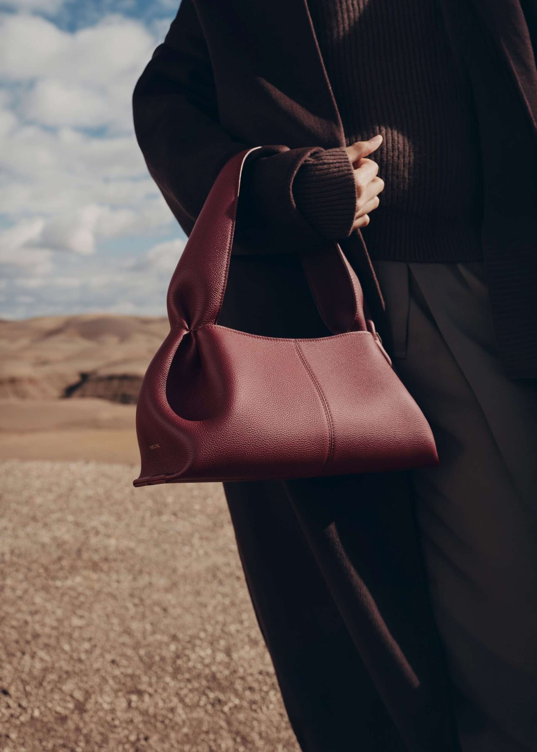Polene Numero Neuf East West Textured Black Cherry Shoulder Bag