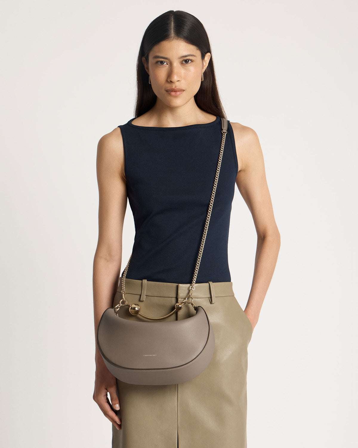 Strathberry Crescent Moon Taupe Leather Bag