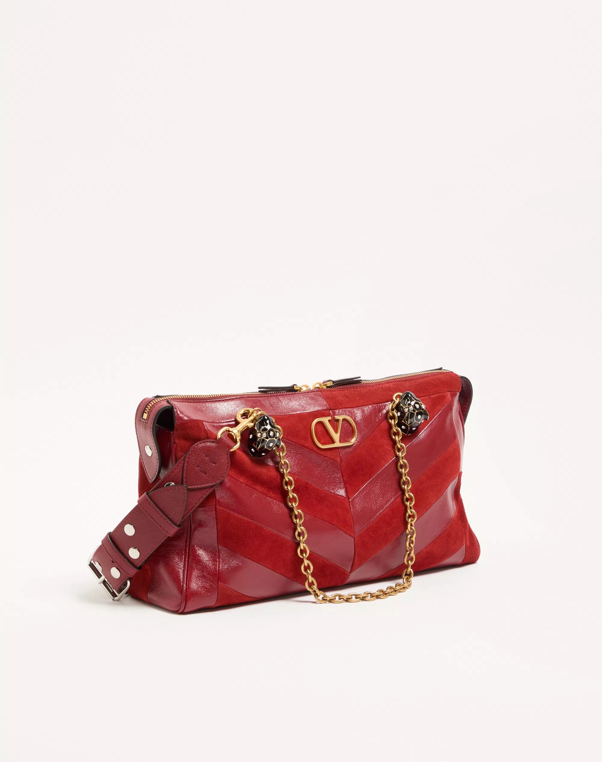 Valentino Garavani Panthea Medium Shoulder Bag In Suede And Nappa With Chevron Motif Red