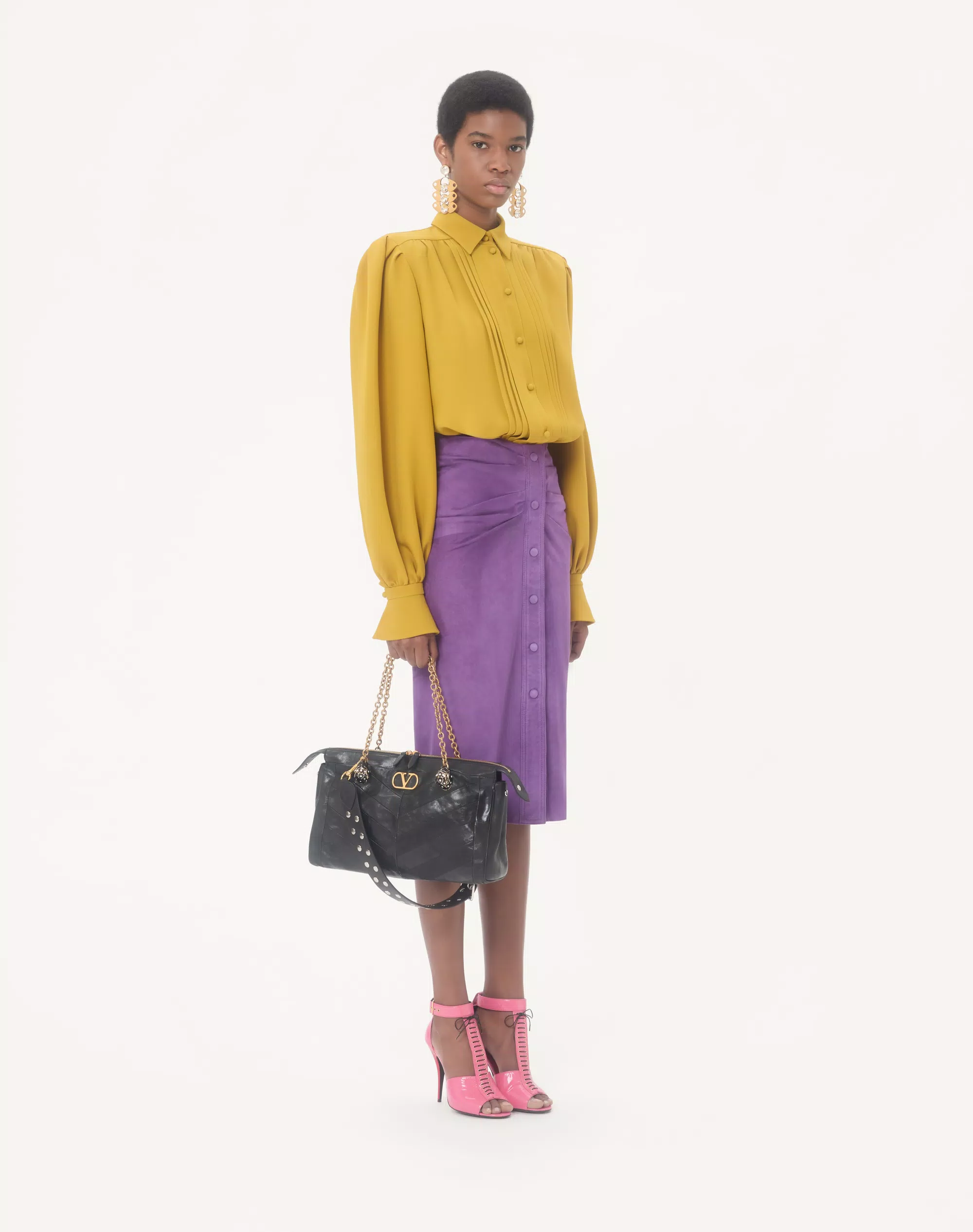 Valentino Garavani Panthea Medium Shoulder Bag In-Suede-And-Nappa With Chevron Motif Ebony Medium