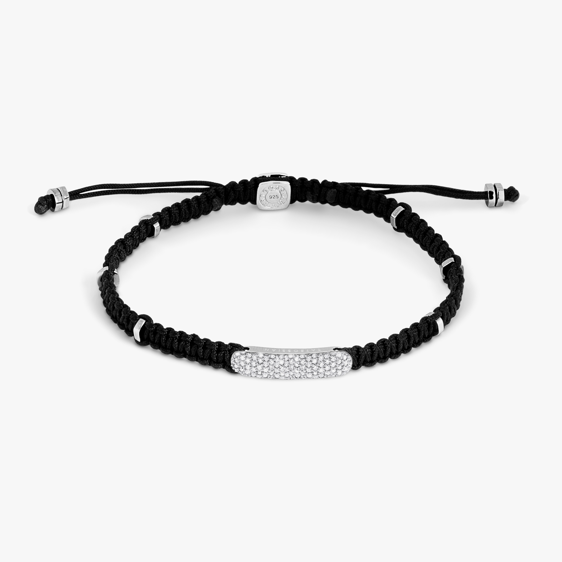 Tateossian Diamond Baton bracelet in black macrame and sterling silver