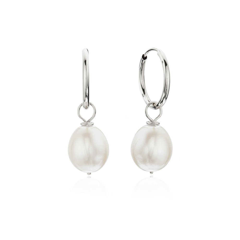LILY & ROO Silver Large Pearl Drop Hoop Earrings